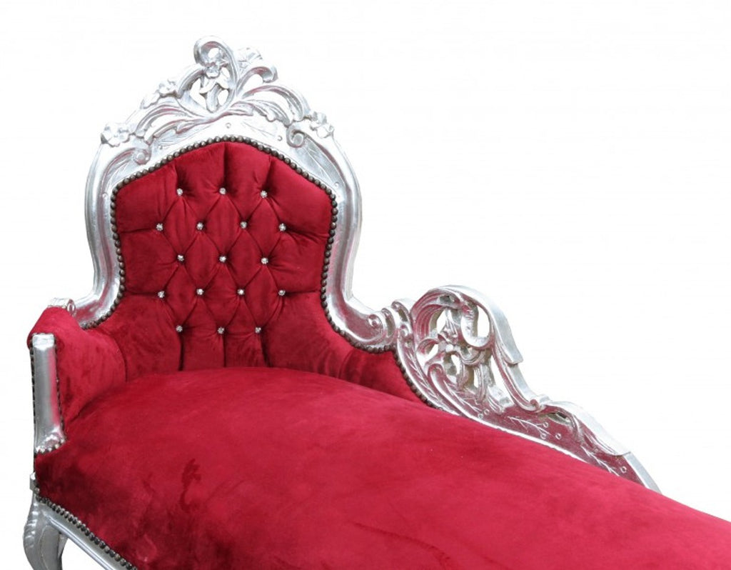 Barock Chaiselongue King Bordeaux Rot /Silber mit Bling Bling Glitzersteinen