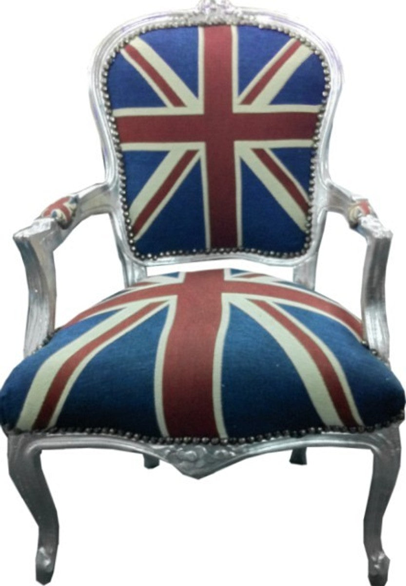 Barock Salon Stuhl Union Jack Design / Silber
