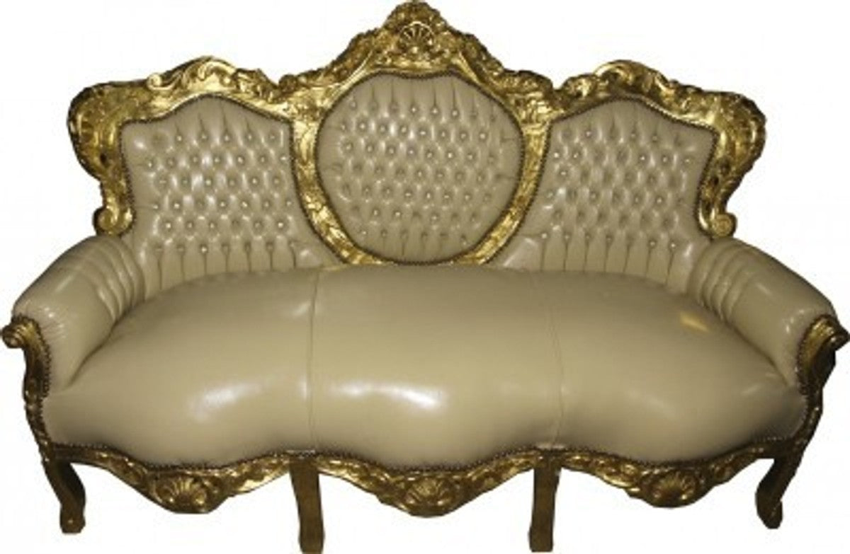 Barock Sofa Garnitur Master Creme Lederoptik / Gold mit Bling Bling Steinen