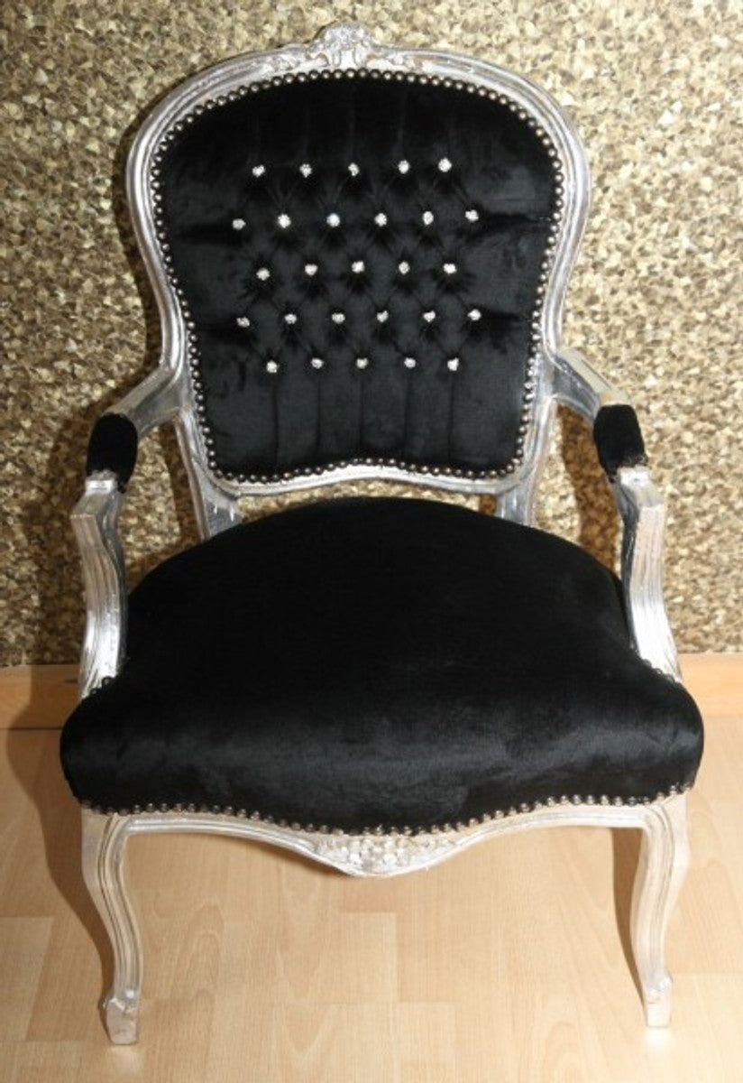 Barock Salon Stuhl Schwarz / Silber mit Bling Bling Glitzersteinen