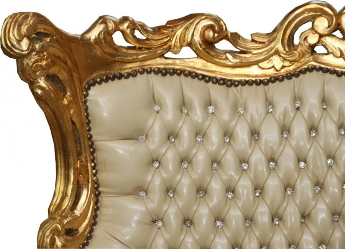 Barock 3er Sofa Master Creme Lederoptik / Gold mit Bling Bling Glitzersteinen - Antik Stil Möbel