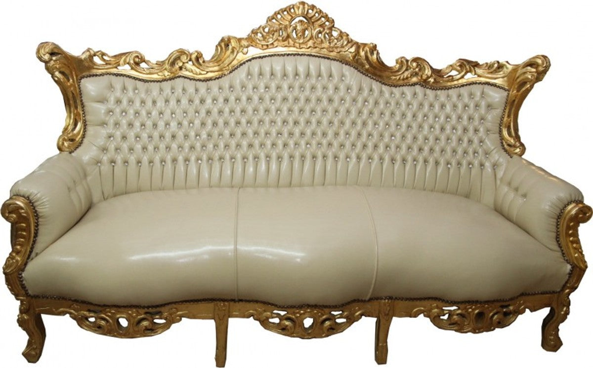 Barock 3er Sofa Master Creme Lederoptik / Gold mit Bling Bling Glitzersteinen - Antik Stil Möbel
