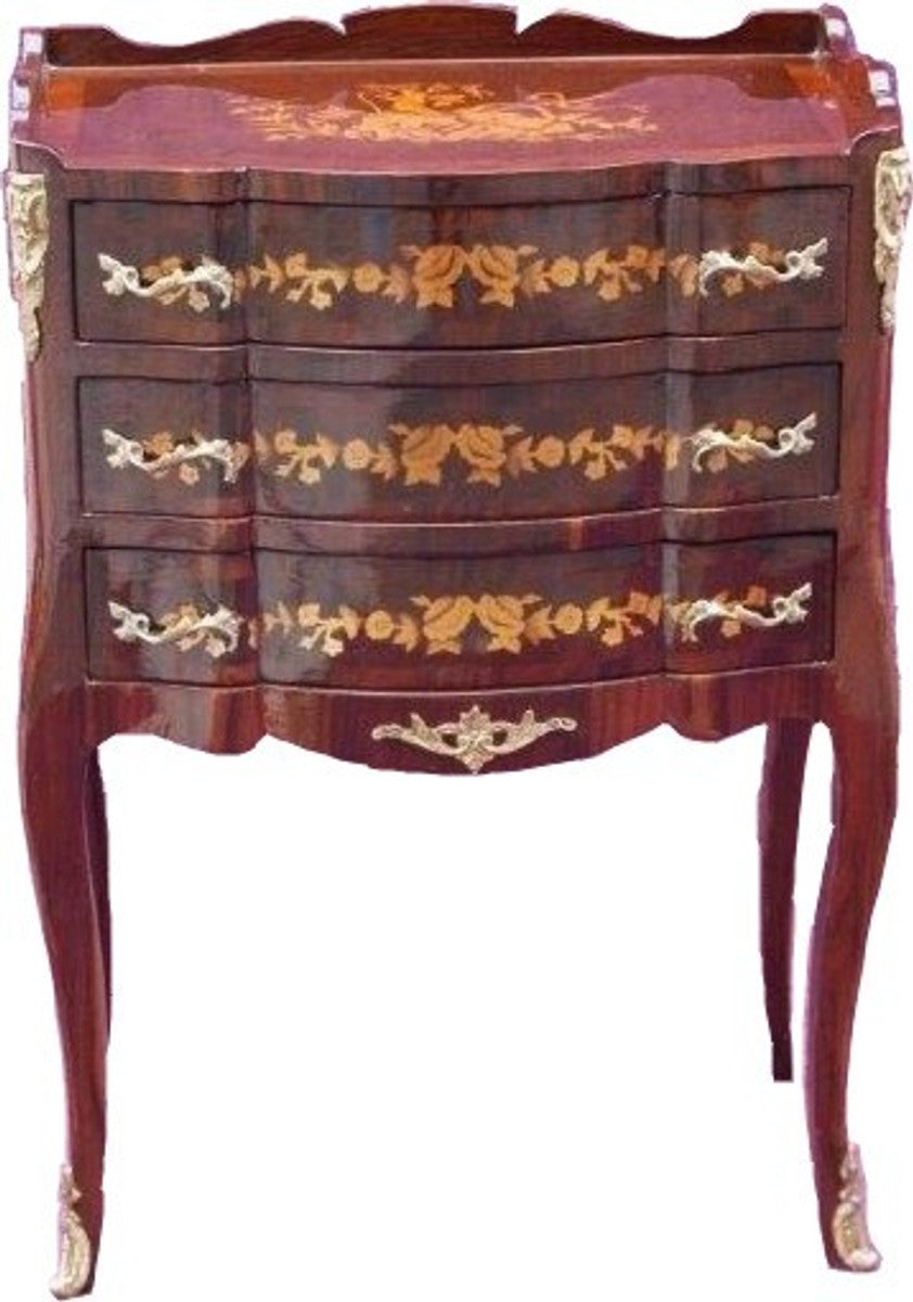 Barock Kommode mit 3 Schubladen Braun Intarsien H 82 cm, B 45 cm - Modell Mahagoni - Nachttisch Konsole