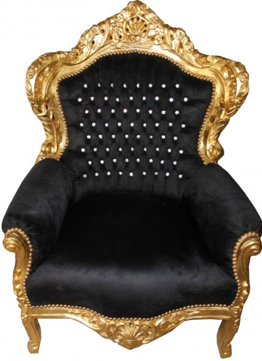 Barock Sessel King Schwarz/Gold mit Bling Bling Glitzersteinen