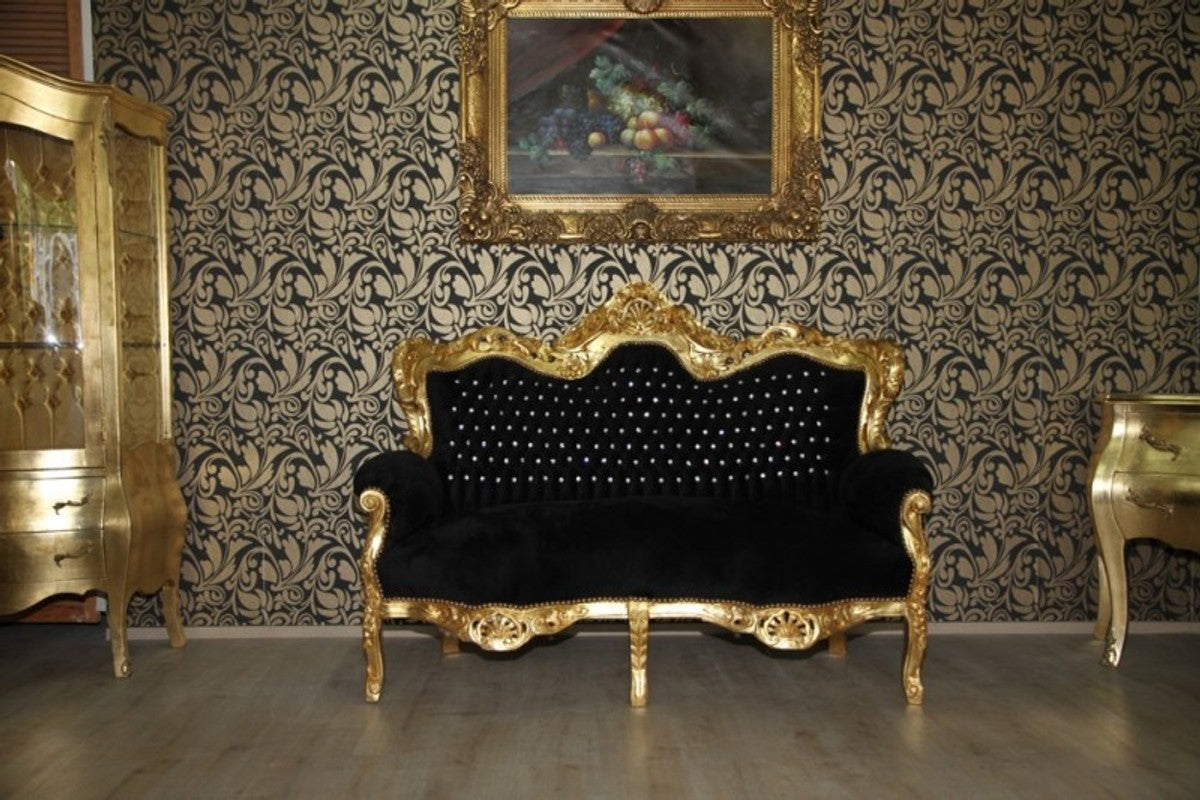 Barock 2er Sofa Master Schwarz / Gold mit Bling Bling Glitzersteinen