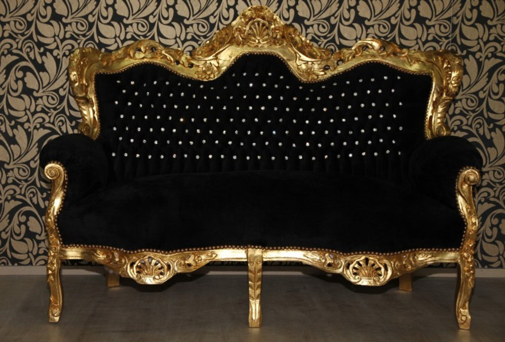 Barock 2er Sofa Master Schwarz / Gold mit Bling Bling Glitzersteinen