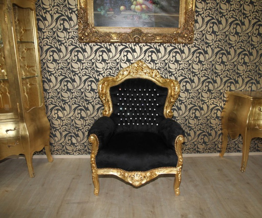 Barock Sessel King Schwarz/Gold mit Bling Bling Glitzersteinen