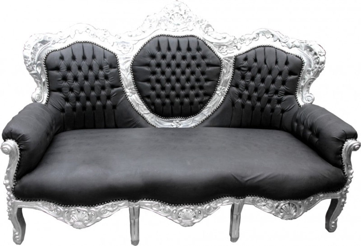 Barock Sofa King Schwarz Lederoptik / Silber - Wohnzimmer Möbel Couch Lounge
