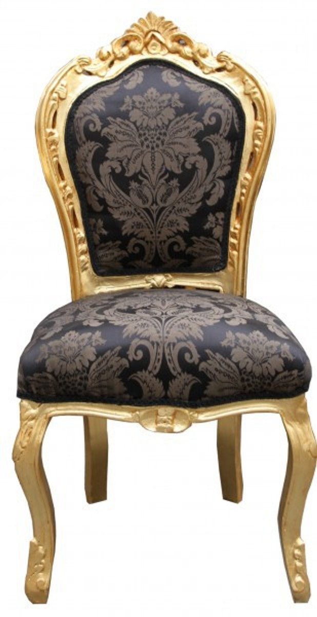 Barock Esszimmer Stuhl Schwarz Muster / Gold - Antik Möbel