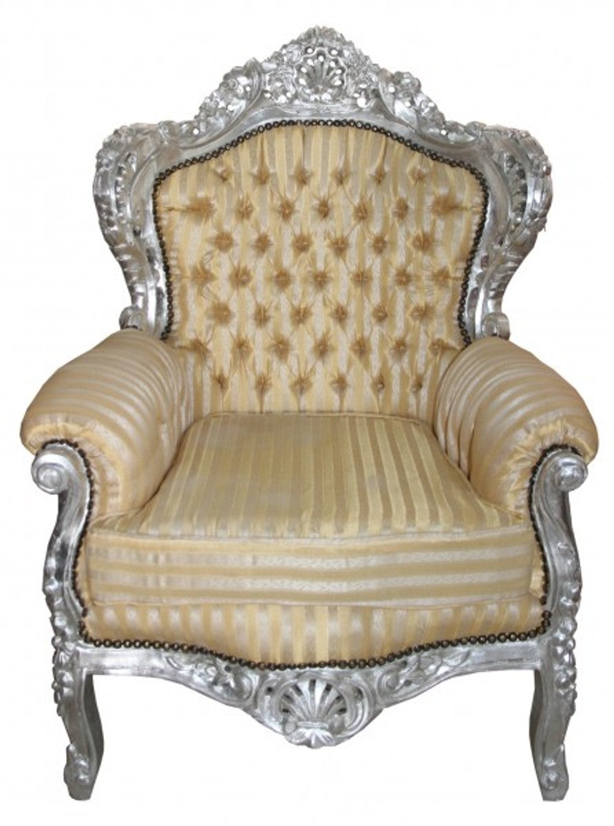 Barock Sessel King Mod 2 Gold /Beige Streifen/ Silber- Möbel Antik Stil
