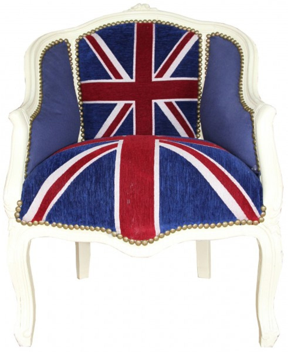 Barock Damen Salon Sessel Union Jack / Creme - Möbel Antik Stil- England Flagge