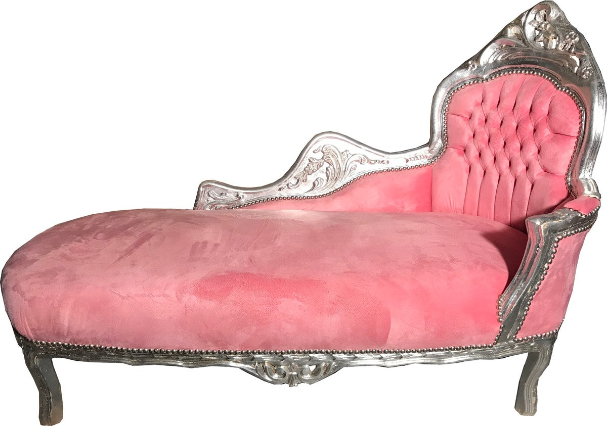 Barock Chaiselongue Rosa / Silber - Möbel Liege Recamiere Wohnzimmer