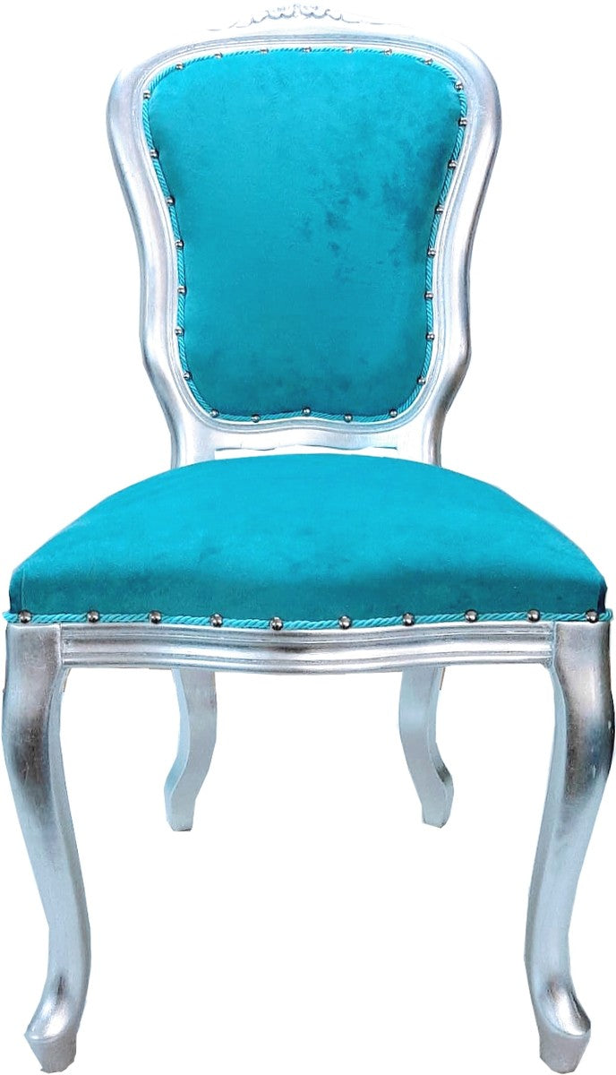 Barock Luxus Esszimmer Stuhl Louis Türkis / SIlber - Barock Möbel