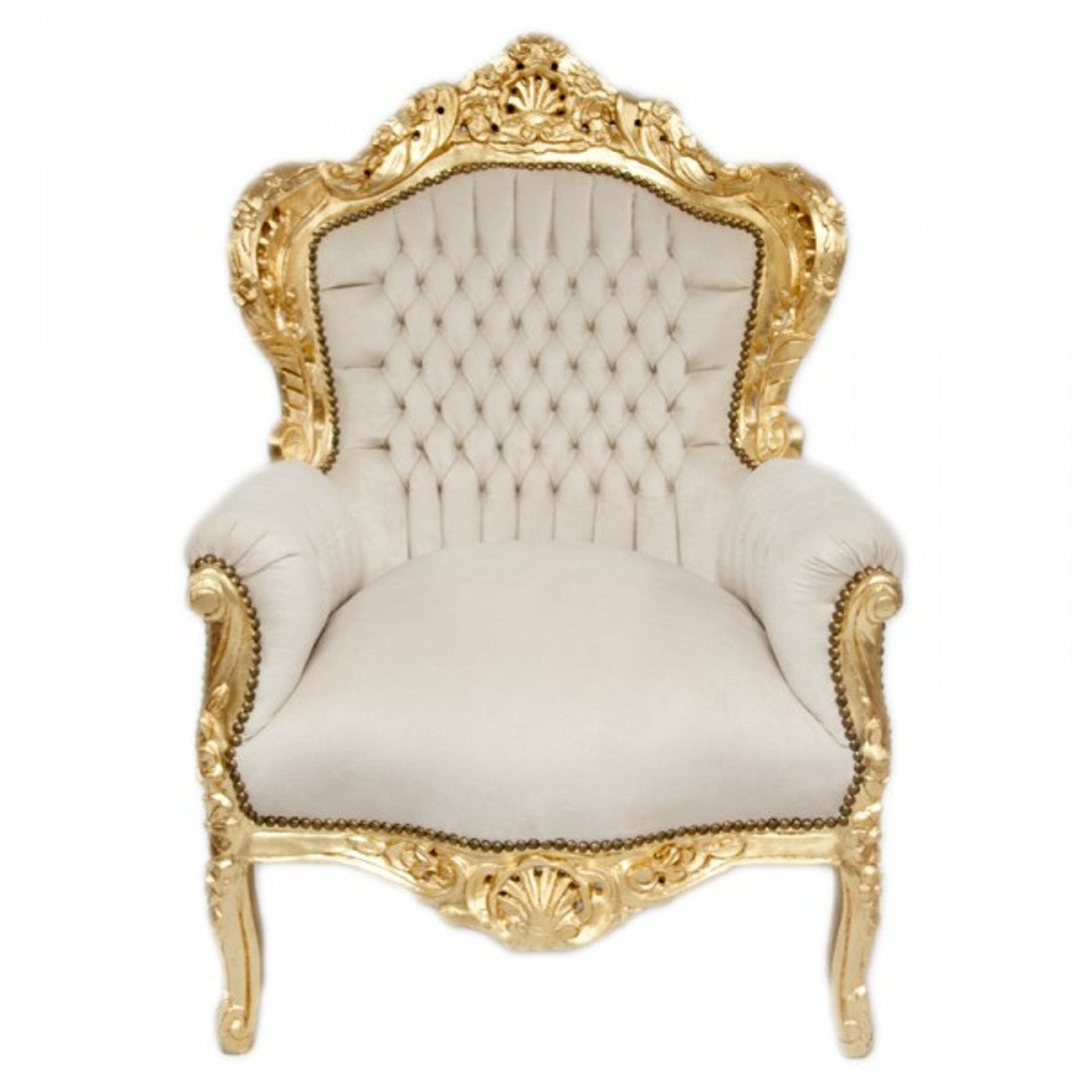 Barock Sessel King Creme Samtstoff / Gold - Antik Stil Sessel
