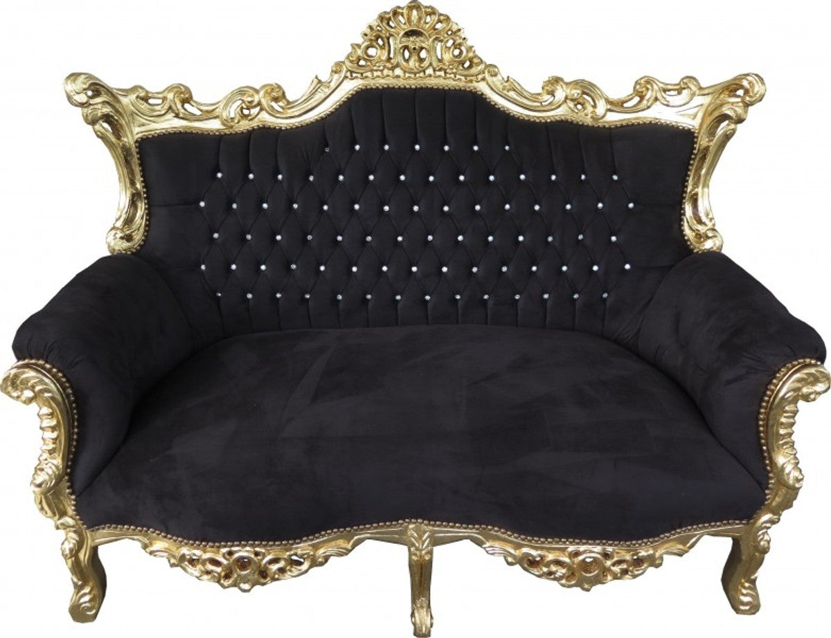 Barock 2-er Sofa Master Schwarz / Gold mit Bling Bling Glitzersteinen - Antik Stil Möbel