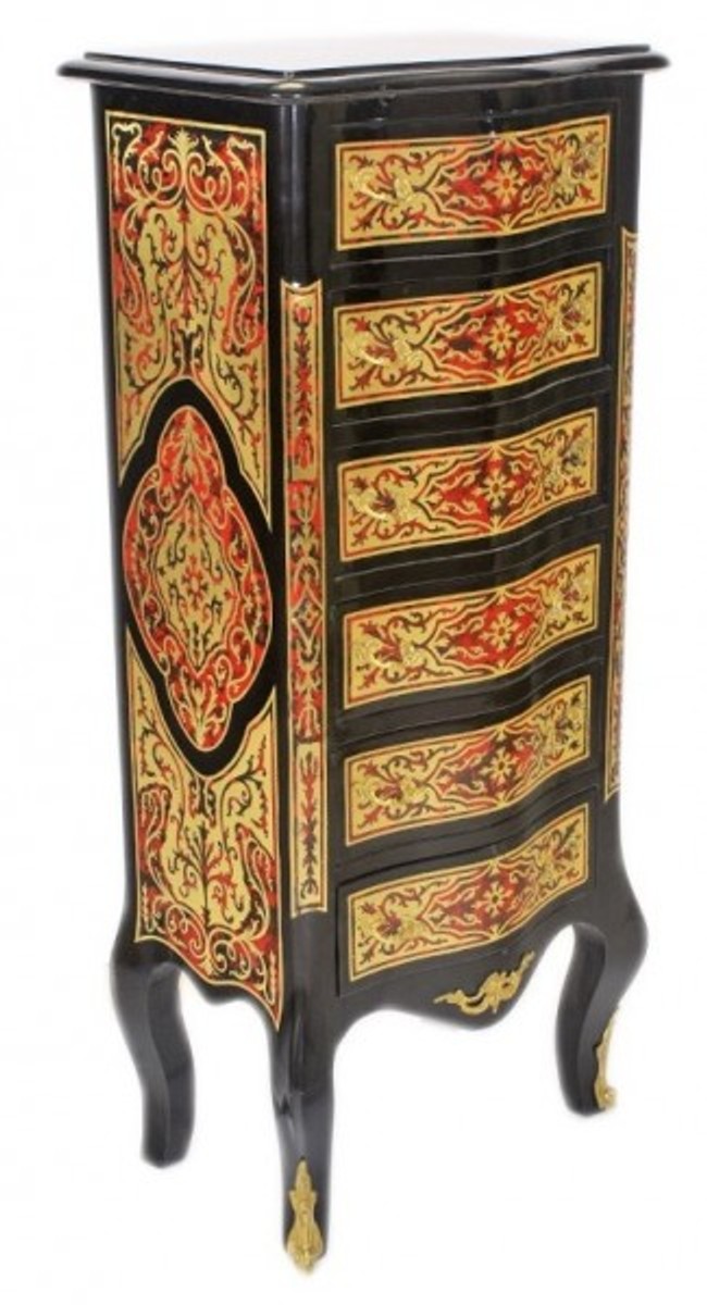 Barock Boulle Kommode Schwarz / Gold / Rot mit 6 Schubladen - Möbel Schrank Sideboard