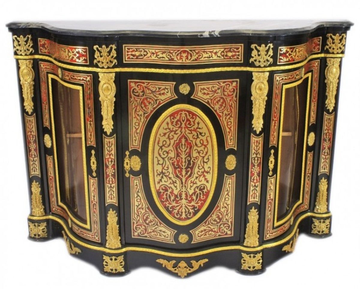 Barock Boulle Kommode Schwarz / Gold / Rot mit Marmorplatte 161 cm - Möbel Schrank Sideboard