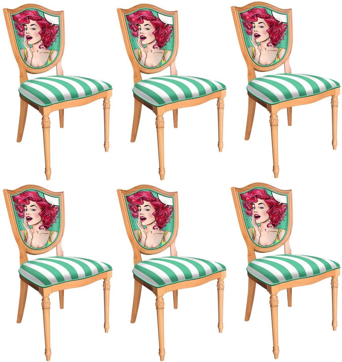 Art Deco Esszimmerstuhl Set Grün / Weiß / Mehrfarbig / Naturfarben - 6 Handgefertigte Art Deco Küchen Stühle mit Design und Streifen - Art Deco Esszimmer Möbel