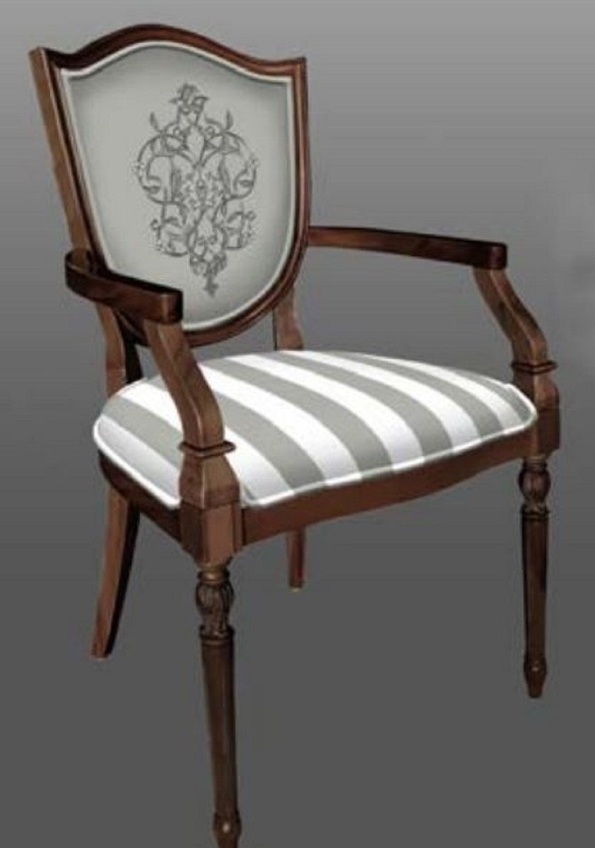 Art Deco Esszimmerstuhl mit Armlehnen Grau / Weiß / Braun - Gestreifter Massivholz Stuhl mit elegantem Muster - Art Deco Esszimmer Möbel