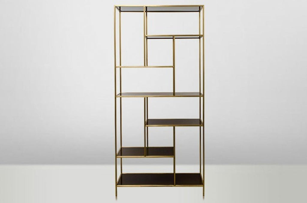 Art Deco Luxus Regal Schrank Edelstahl Gold mit getönten Glasböden H210 x 98 x 35 cm - Bücherregal Regal Schrank - Jugendstil Möbel