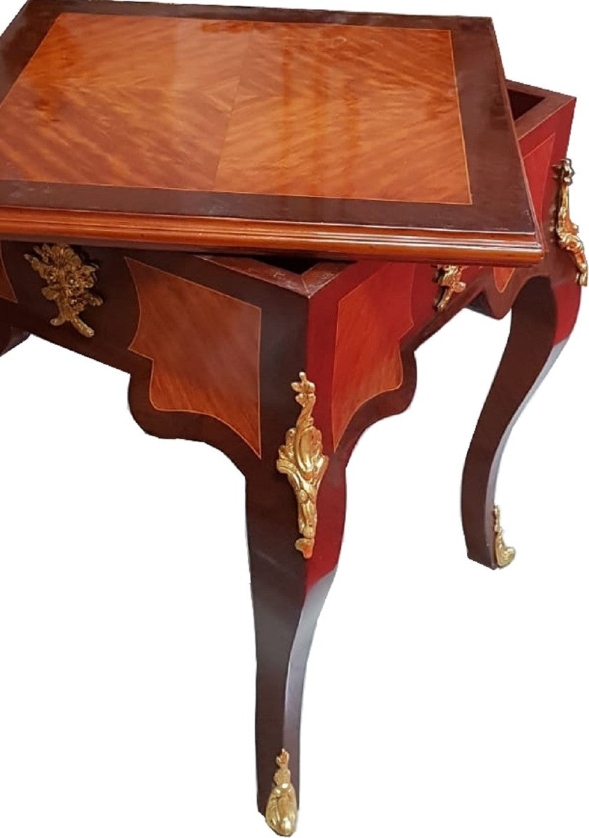 Art Deco Massivholz Schachtisch Braun / Dunkelbraun / Beige / Messing 60 x 60 x H. 71 cm - Handgefertigter Spieltisch - Beistelltisch - Antik Stil Barock Möbel