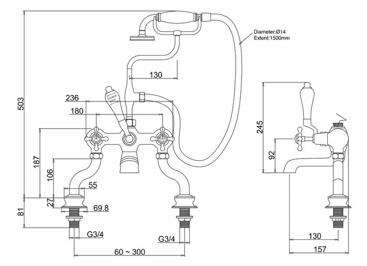 Badewannen Armatur mit Brause - Nostalgisch Antik Stil Jugendstil Nostalgie Bad Zubehör