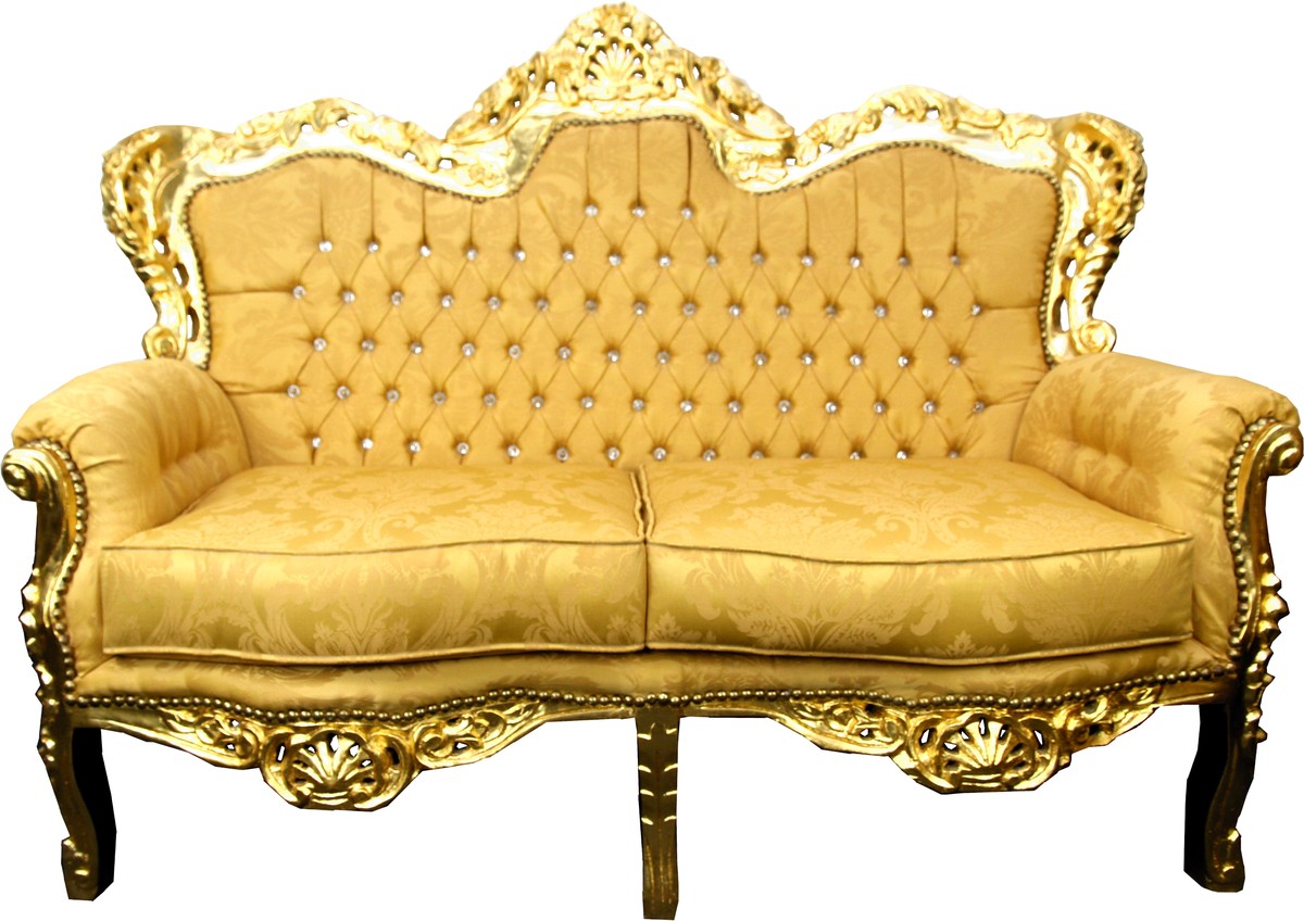 Barock 2er Sofa Gold Muster / Gold mit Bling Bling Glitzersteinen - Antik Stil Wohnzimmer Möbel