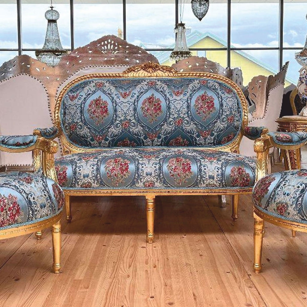 Barock 2er Sofa Hellblau / Bunt / Gold 150 cm - Barock Möbel