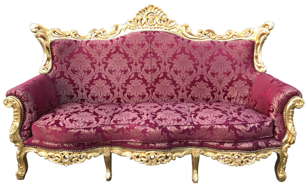 Barock 3er Sofa Bordeaux Rot Muster / Gold - Wohnzimmer Möbel Couch Lounge