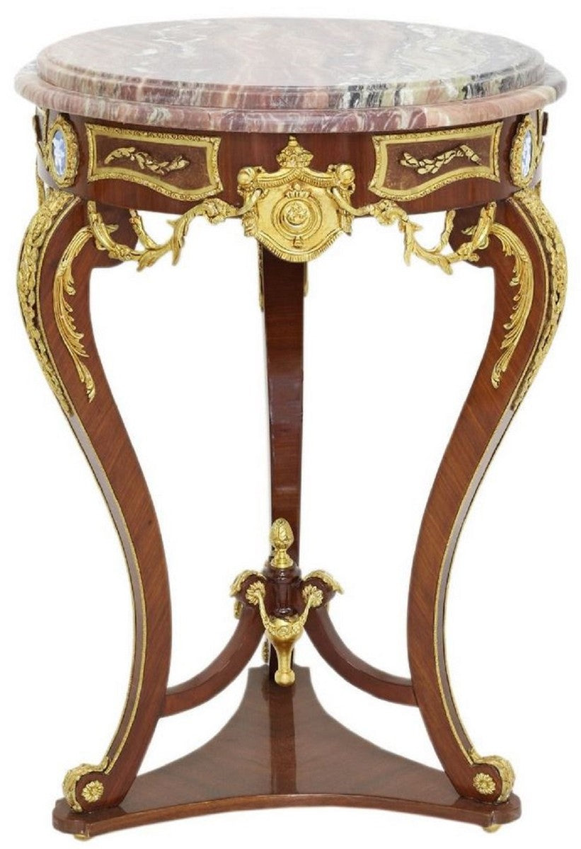 Barock Beistelltisch Braun / Gold / Rot Ø 55 x H. 78 cm - Runder Massivholz Tisch im Barockstil - Barock Wohnzimmer Möbel