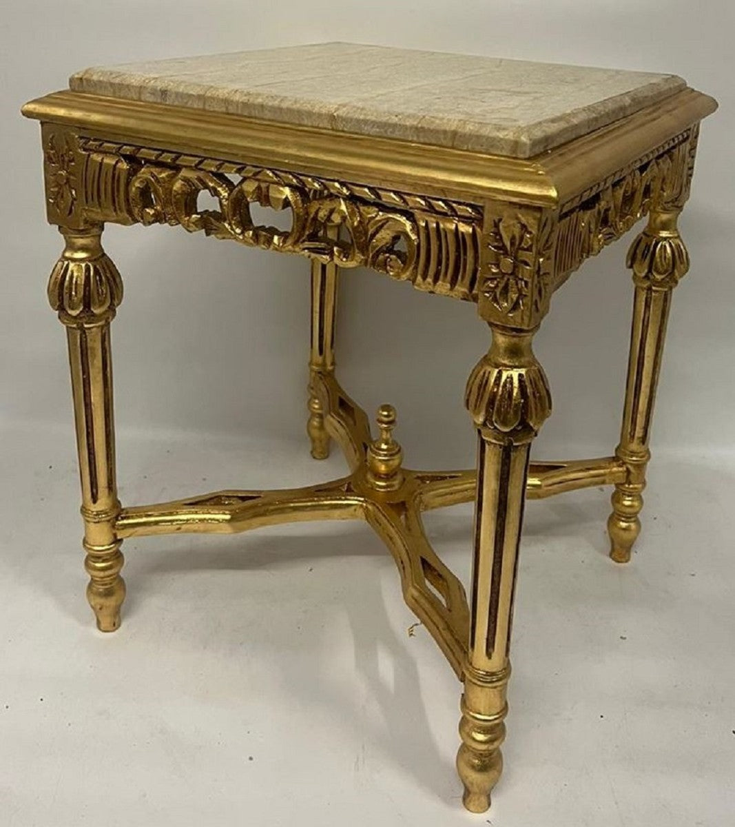 Barock Beistelltisch Gold / Beige - Quadratischer Antik Stil Massivholz Tisch mit Marmorplatte - Wohnzimmer Möbel im Barockstil - Antik Stil Möbel - Barock Möbel