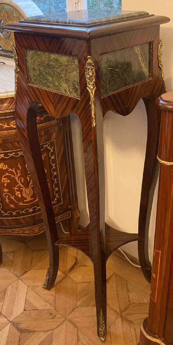 Barock Säule Braun / Grün / Gold - Handgefertigter Antik Stil Massivholz Beistelltisch mit Marmorplatte - Wohnzimmer Möbel im Barockstil - Antik Stil Möbel - Barock Möbel