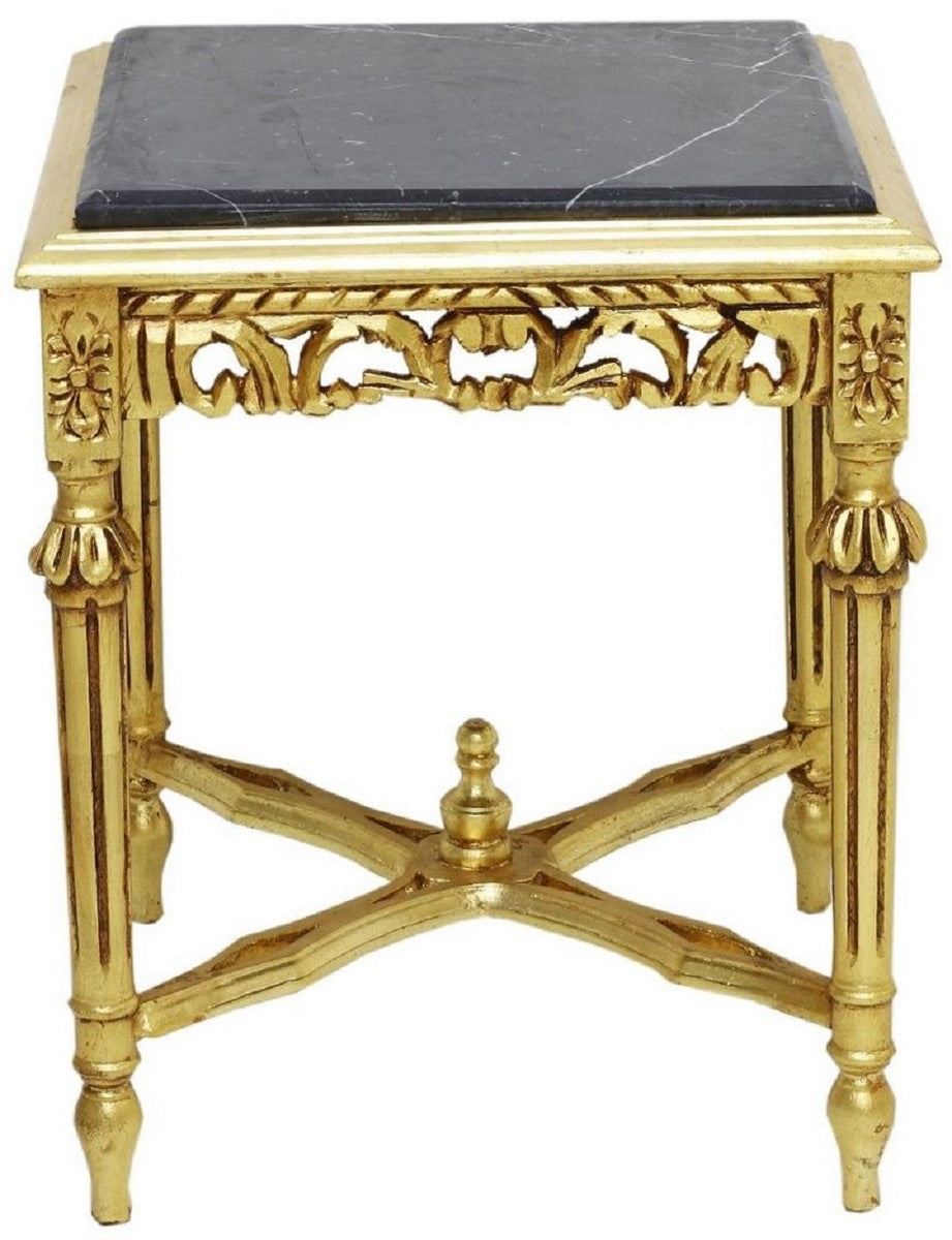 Barock Beistelltisch Gold / Schwarz - Handgefertigter Massivholz Tisch mit Marmorplatte - Barock Wohnzimmer Möbel