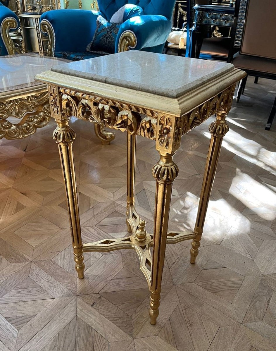 Barock Beistelltisch Gold / Grau - Quadratischer Antik Stil Tisch mit Marmorplatte - Wohnzimmer Möbel im Barockstil - Antik Stil Möbel - Barock Möbel