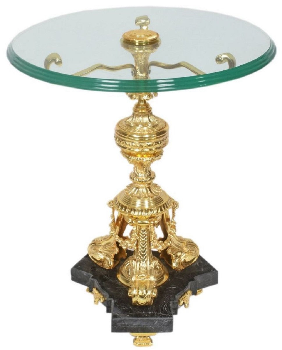 Barock Beistelltisch Gold / Schwarz Ø 53 x H. 67 cm - Runder vergoldeter Bronze Tisch mit Glasplatte und Marmorsockel - Barock Wohnzimmer Möbel
