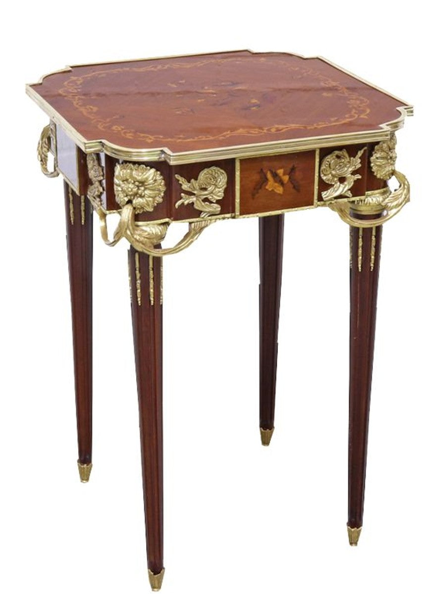 Barock Beistelltisch Mahagoni Intarsien / Gold H75 x 50 cm - Ludwig XVI Antik Stil Tisch - Möbel
