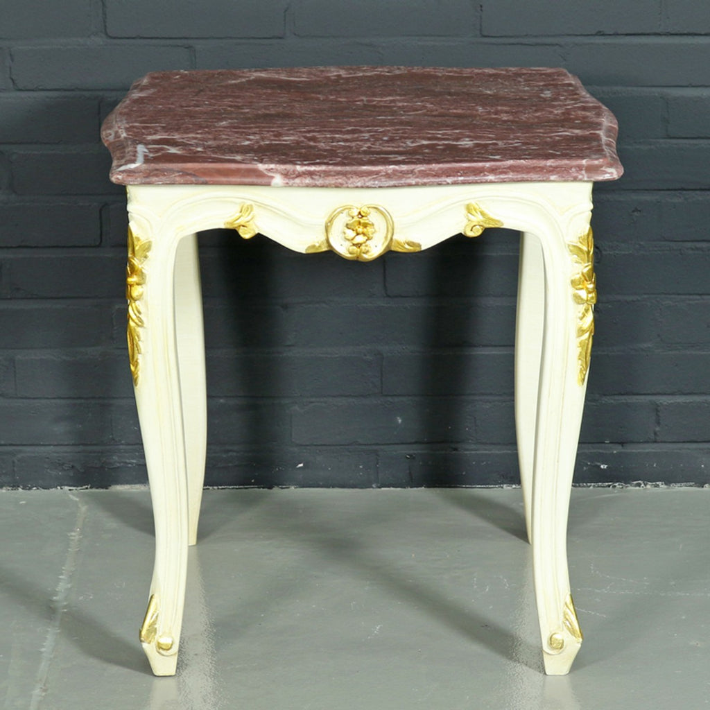 Barock Beistelltisch Weiß / Gold mit Marmorplatte 55 x 55 cm x H 55 cm