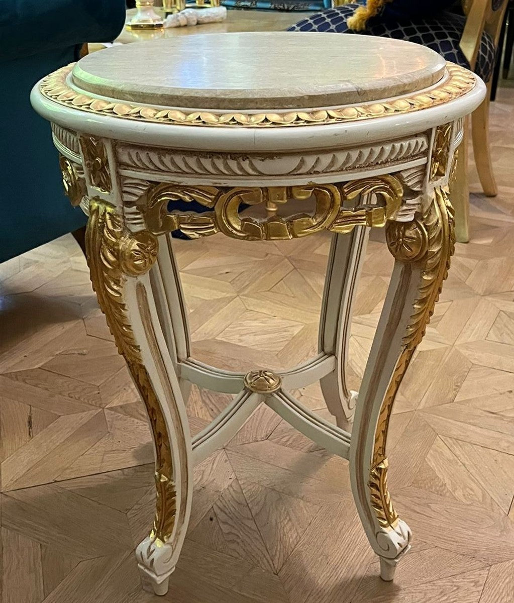 Barock Beistelltisch Weiß / Gold / Creme - Handgefertigter Antik Stil Massivholz Tisch mit Marmorplatte - Wohnzimmer Möbel im Barockstil - Antik Stil Möbel - Barock Möbel
