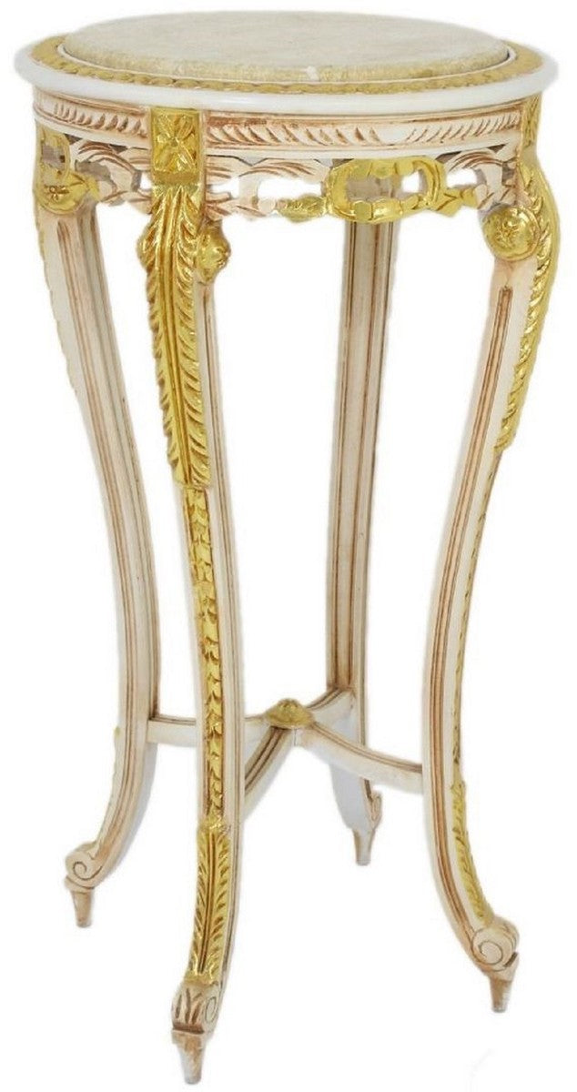 Barock Beistelltisch mit Marmorplatte Weiß / Beige / Gold / Creme Ø 40 x H. 90 cm - Runder Antik Stil Tisch - Barock Wohnzimmer Möbel