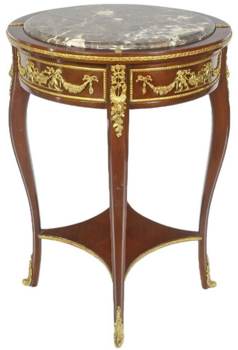 Barock Beistelltisch mit Marmorplatte Braun / Gold Ø 45 x H. 75 cm - Runder Tisch im Barockstil - Barock Möbel