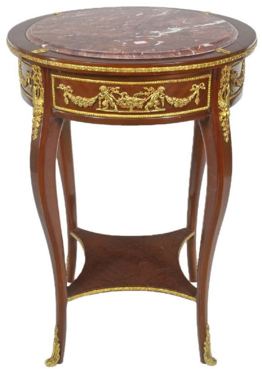 Barock Beistelltisch mit Marmorplatte Braun / Gold / Rot Ø 45 x H. 75 cm - Runder Tisch im Barockstil - Barock Möbel
