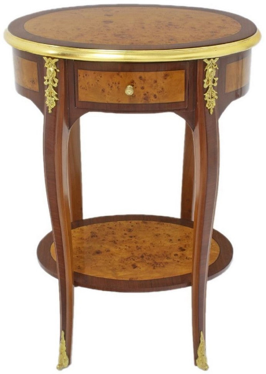 Barock Beistelltisch Dunkelbraun / Hellbraun / Gold 50 x 35 x H. 75 cm - Ovaler Massivholz Tisch mit Schublade - Barock Wohnzimmer Möbel
