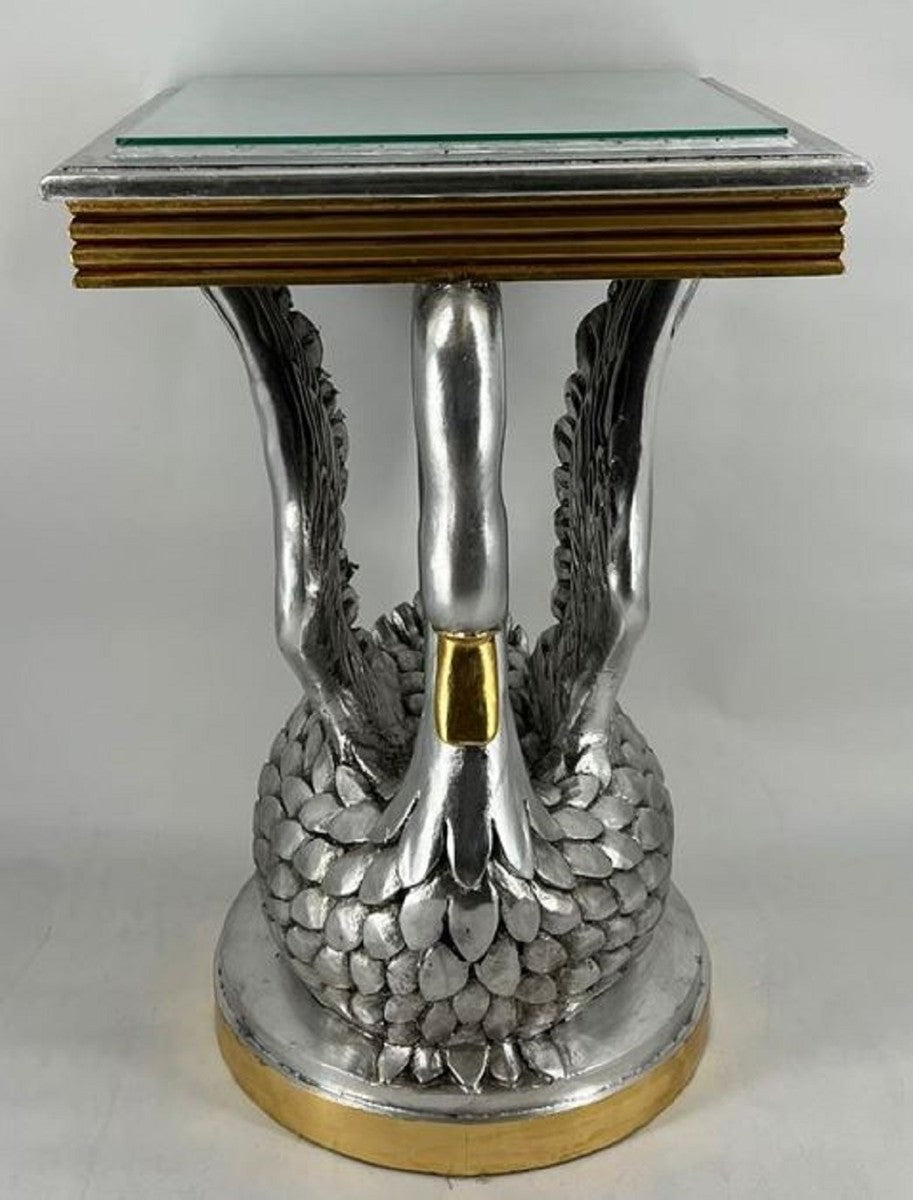 Barock Beistelltisch Schwan mit Glasplatte Silber / Gold H. 78 cm - Barock Möbel