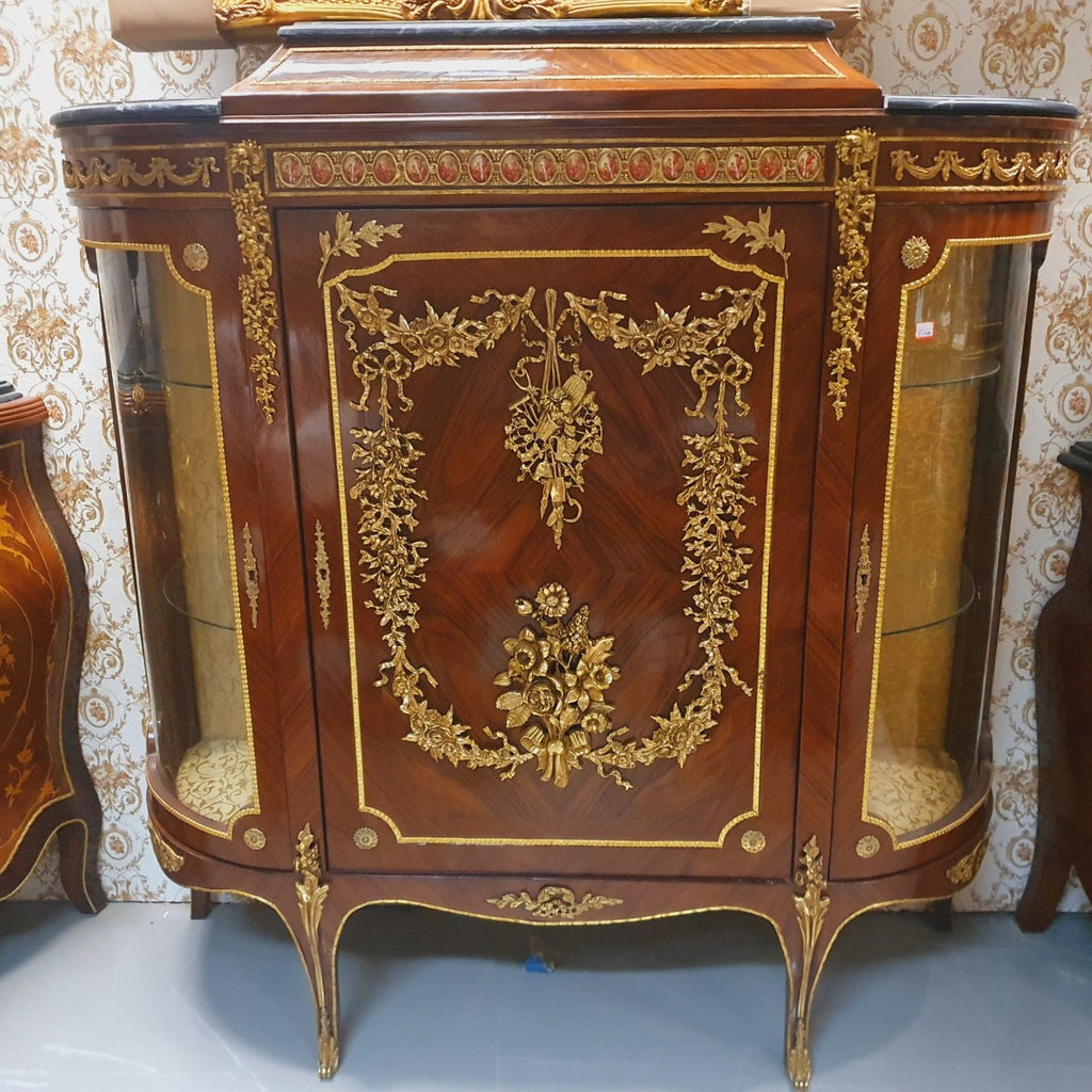 Barock Kommode mit Seitenglas Braun / Gold 145 cm - Möbel Schrank Sideboard