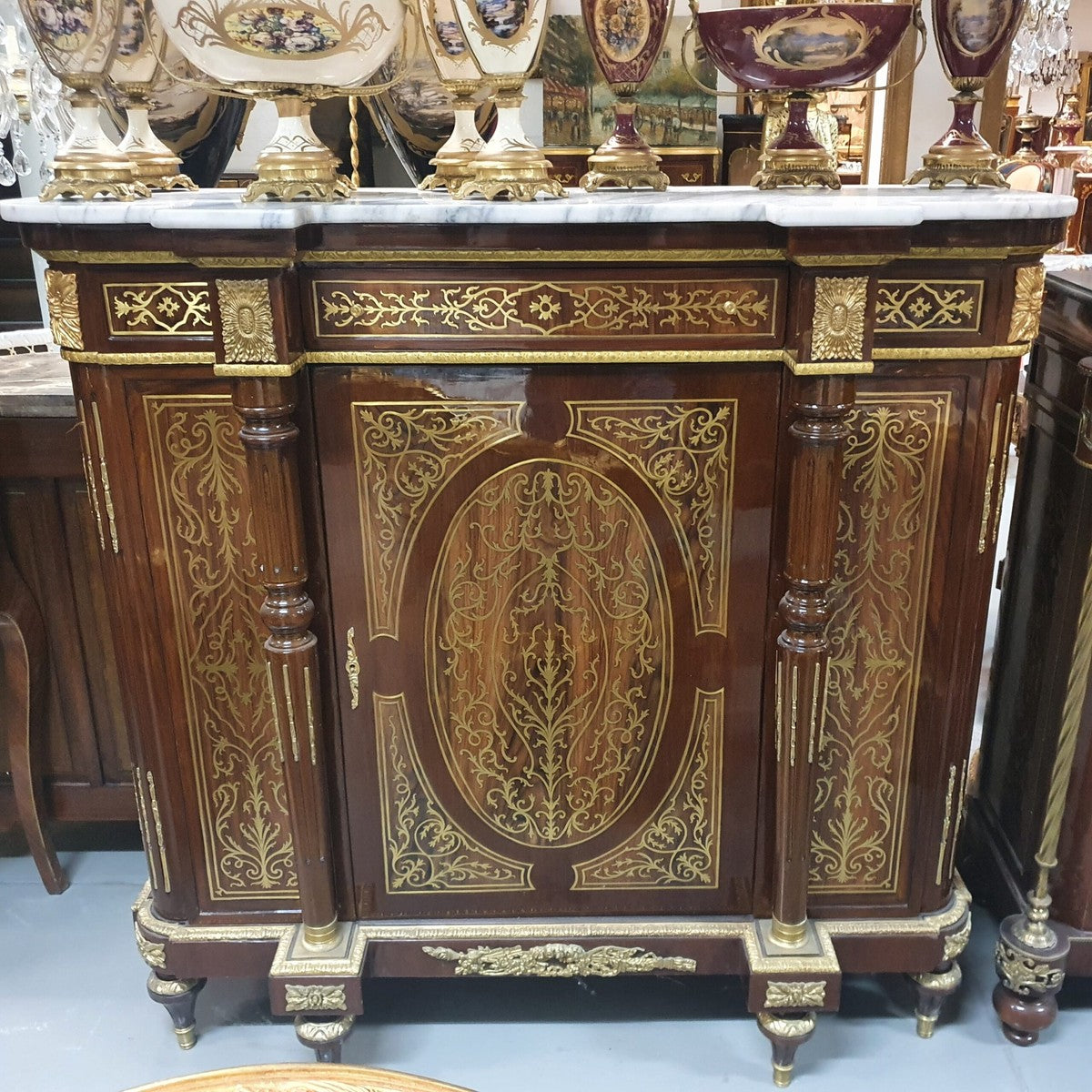 Barock Boulle Kommode Braun / Gold mit weißer Marmorplatte 130 cm - Möbel Schrank Sideboard