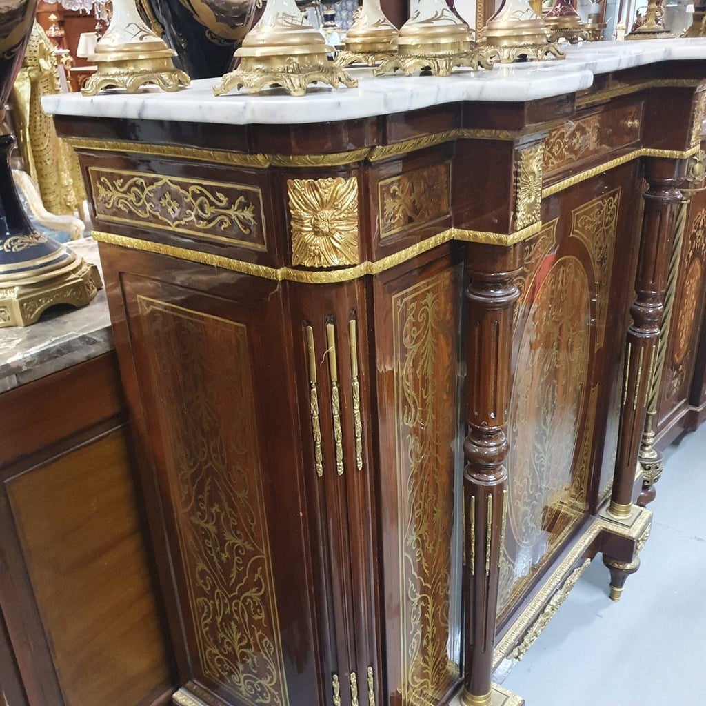Barock Boulle Kommode Braun / Gold mit weißer Marmorplatte 130 cm - Möbel Schrank Sideboard