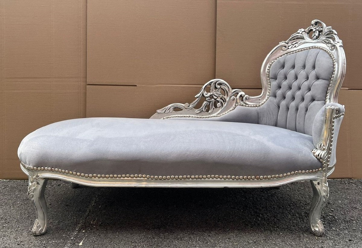 Barock Chaiselongue Rechte Seite Grau / Silber 155 cm - Barock Möbel