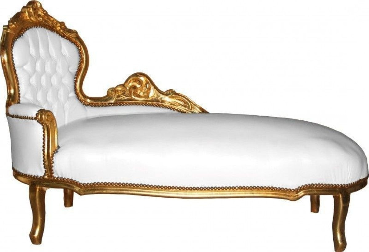 Barock Chaiselongue Weiß / Gold Lederoptik - Möbel Antik Stil