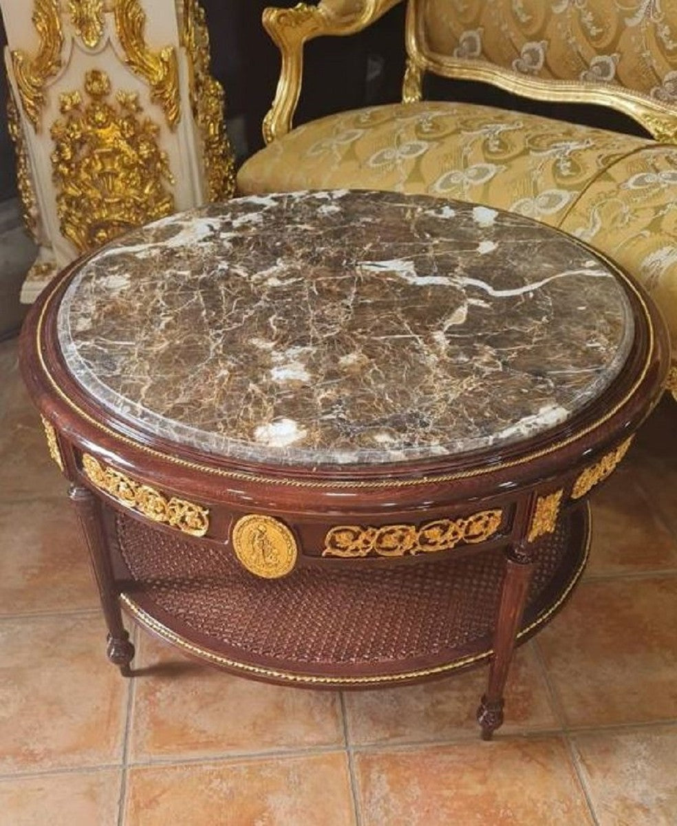Barock Couchtisch mit Marmorplatte Braun / Gold / Grau - Runder Massivholz Wohnzimmertisch im Barockstil - Barockstil Wohnzimmer Möbel - Barock Möbel - Antik Stil Wohnzimmer Möbel