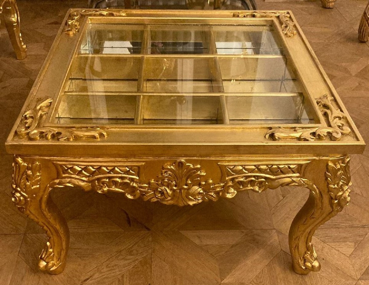 Barock Couchtisch mit aufklapparer Tischplatte Gold - Prunkvoller Massivholz Wohnzimmertisch im Barockstil - Barockstil Wohnzimmer Möbel - Barock Möbel - Antik Stil Wohnzimmer Möbel